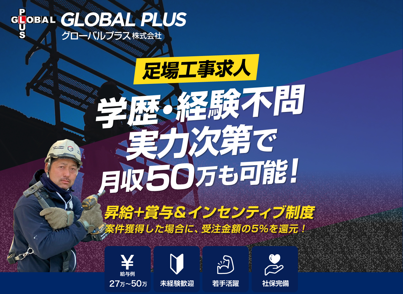 グローバルプラス株式会社では鳶職人・足場工事の求人を募集しています。